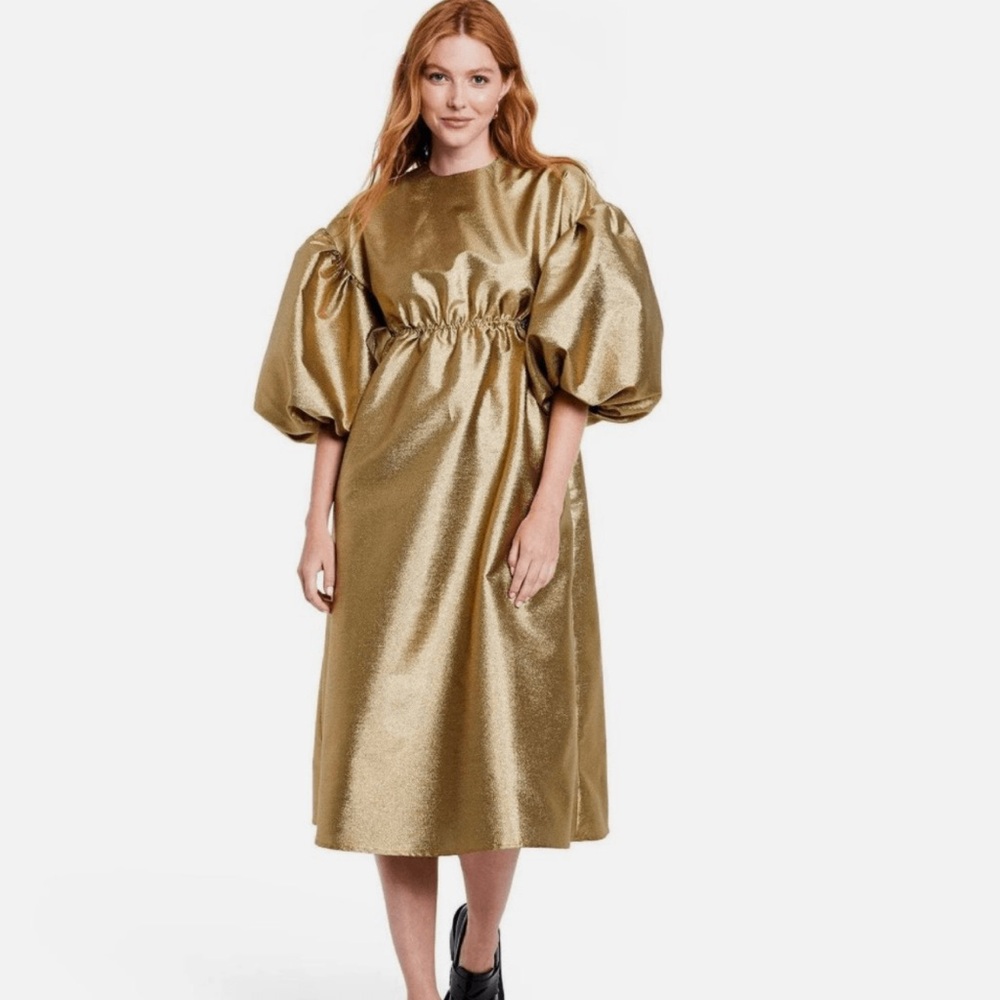 Metallic Gold Puff-Sleeve Midi Dress